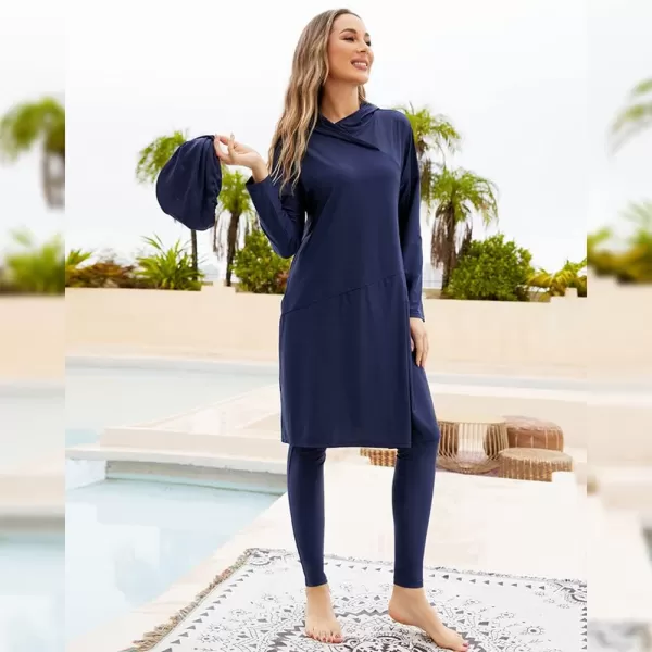 Muslim Swimsuits for Women Modest Islamic Arabic Swimwear Burkini Full Cover Hijab Top Pants Swimming Cap Bathing SuitsNavy Blue