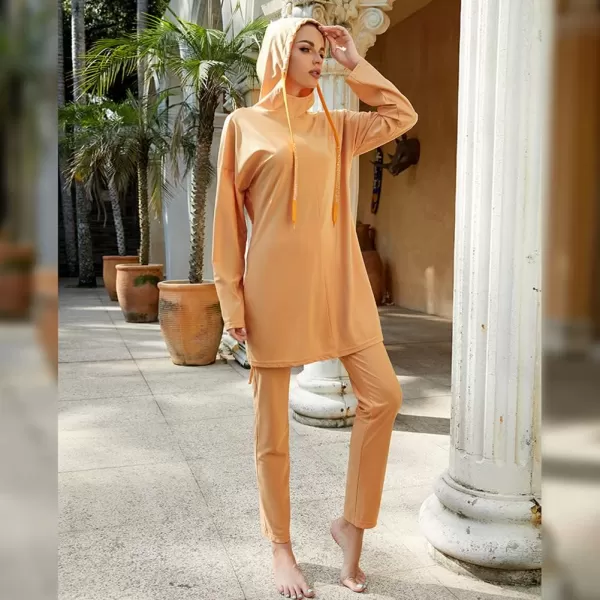 Muslim Swimsuits for Women Modest Islamic Arabic Swimwear Burkini Full Cover Hijab Top Pants Swimming Cap Bathing SuitsOrange