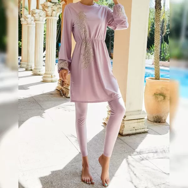 Muslim Swimsuits for Women Modest Islamic Arabic Swimwear Burkini Full Cover Hijab Top Pants Swimming Cap Bathing SuitsPink Floral