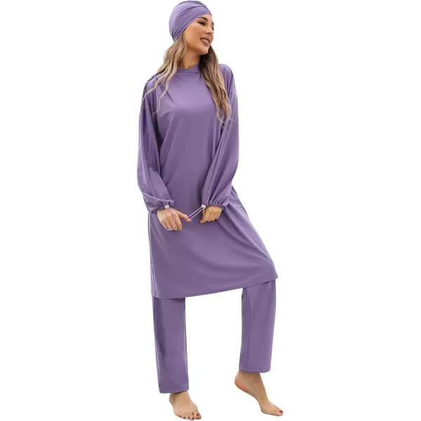 Muslim Swimsuits for Women Modest Islamic Arabic Swimwear Burkini Full Cover Hijab Top Pants Swimming Cap Bathing SuitsPurple