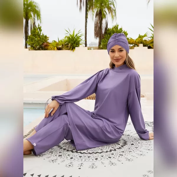 Muslim Swimsuits for Women Modest Islamic Arabic Swimwear Burkini Full Cover Hijab Top Pants Swimming Cap Bathing SuitsPurple