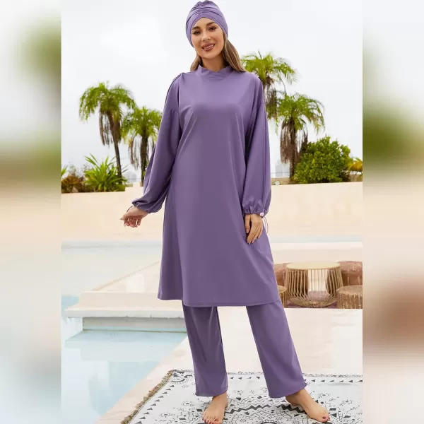 Muslim Swimsuits for Women Modest Islamic Arabic Swimwear Burkini Full Cover Hijab Top Pants Swimming Cap Bathing SuitsPurple