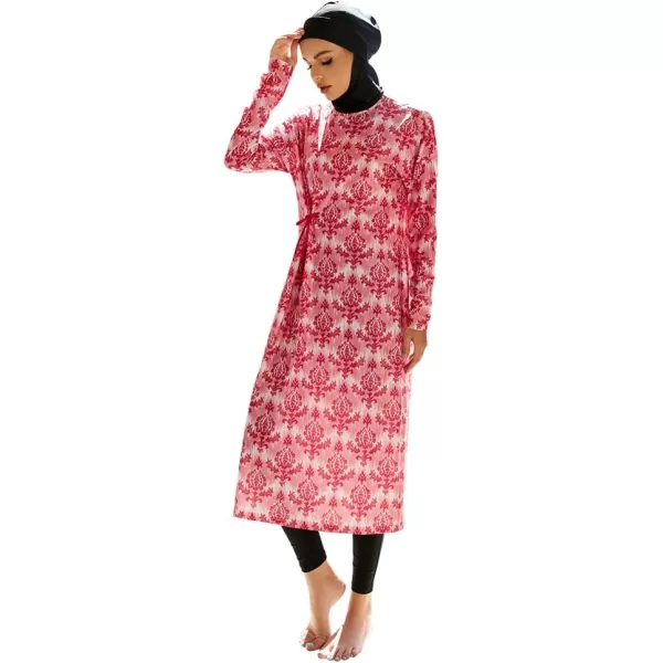 Muslim Swimsuits for Women Modest Islamic Arabic Swimwear Burkini Full Cover Hijab Top Pants Swimming Cap Bathing SuitsRed Floral