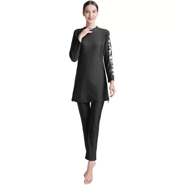 Muslim Swimsuits for Women Modest Islamic Swimwear Burkini Full Cover Hijab Top Pants with Swimming Cap Bathing SuitsBlack  Floral