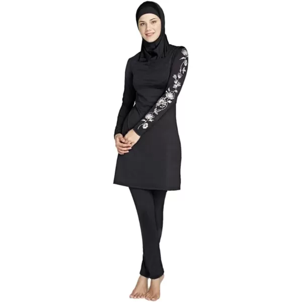 Muslim Swimsuits for Women Modest Islamic Swimwear Burkini Full Cover Hijab Top Pants with Swimming Cap Bathing SuitsBlack  Floral