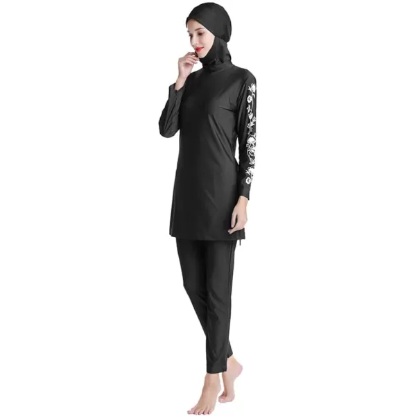 Muslim Swimsuits for Women Modest Islamic Swimwear Burkini Full Cover Hijab Top Pants with Swimming Cap Bathing SuitsBlack  Floral