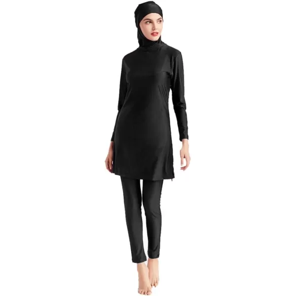 Muslim Swimsuits for Women Modest Islamic Swimwear Burkini Full Cover Hijab Top Pants with Swimming Cap Bathing SuitsBlack  Solid