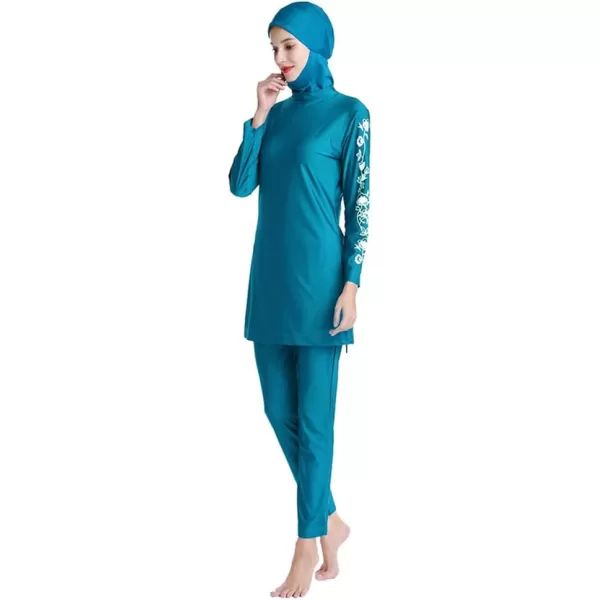 Muslim Swimsuits for Women Modest Islamic Swimwear Burkini Full Cover Hijab Top Pants with Swimming Cap Bathing SuitsBlue  Floral