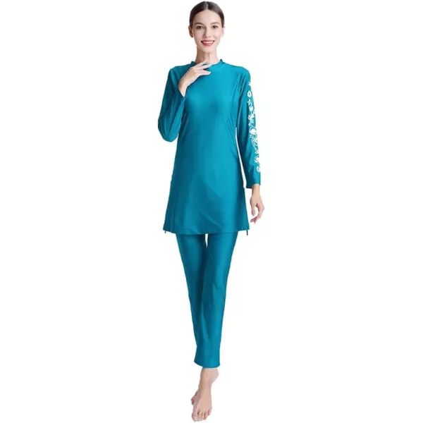 Muslim Swimsuits for Women Modest Islamic Swimwear Burkini Full Cover Hijab Top Pants with Swimming Cap Bathing SuitsBlue  Floral