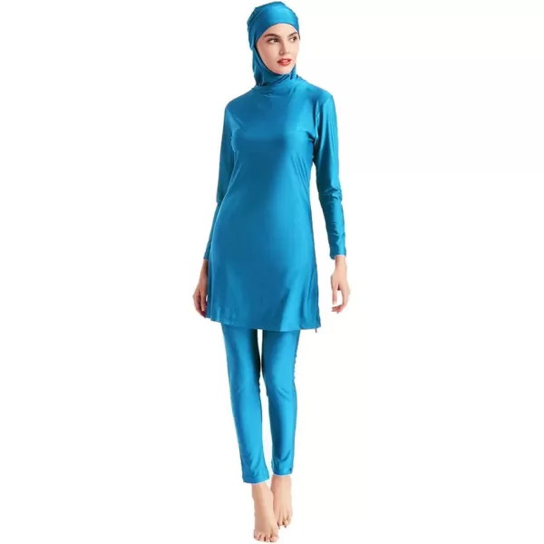 Muslim Swimsuits for Women Modest Islamic Swimwear Burkini Full Cover Hijab Top Pants with Swimming Cap Bathing SuitsBlue  Solid