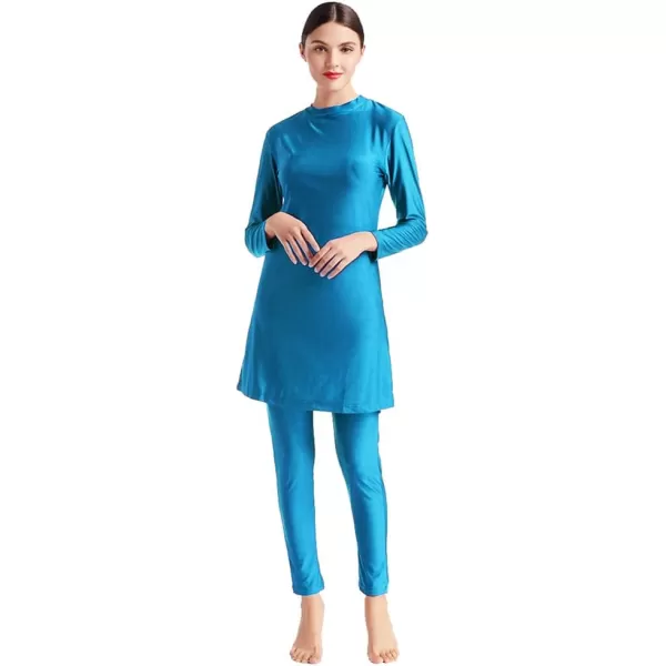 Muslim Swimsuits for Women Modest Islamic Swimwear Burkini Full Cover Hijab Top Pants with Swimming Cap Bathing SuitsBlue  Solid