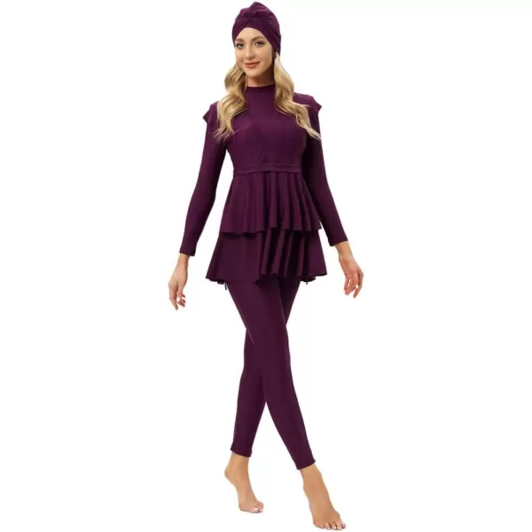 Muslim Swimsuits for Women Modest Islamic Swimwear Burkini Full Cover Hijab Top Pants with Swimming Cap Bathing SuitsFuchsia