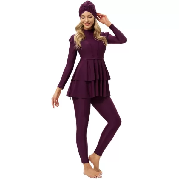 Muslim Swimsuits for Women Modest Islamic Swimwear Burkini Full Cover Hijab Top Pants with Swimming Cap Bathing SuitsFuchsia