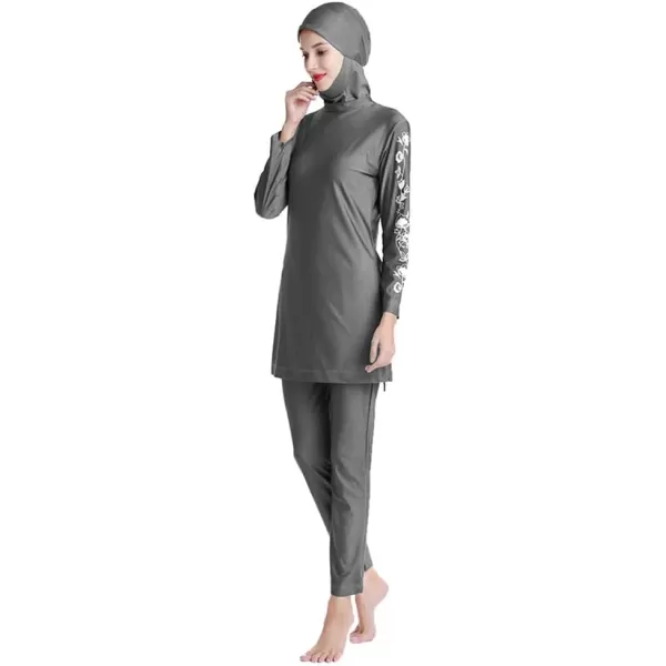 Muslim Swimsuits for Women Modest Islamic Swimwear Burkini Full Cover Hijab Top Pants with Swimming Cap Bathing SuitsGray  Floral