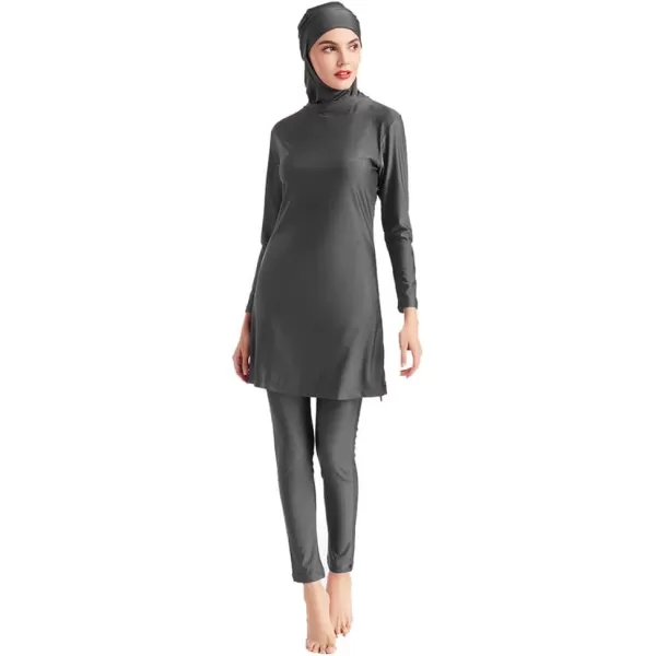 Muslim Swimsuits for Women Modest Islamic Swimwear Burkini Full Cover Hijab Top Pants with Swimming Cap Bathing SuitsGray  Solid