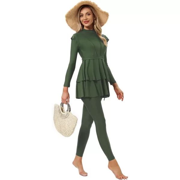 Muslim Swimsuits for Women Modest Islamic Swimwear Burkini Full Cover Hijab Top Pants with Swimming Cap Bathing SuitsGreen