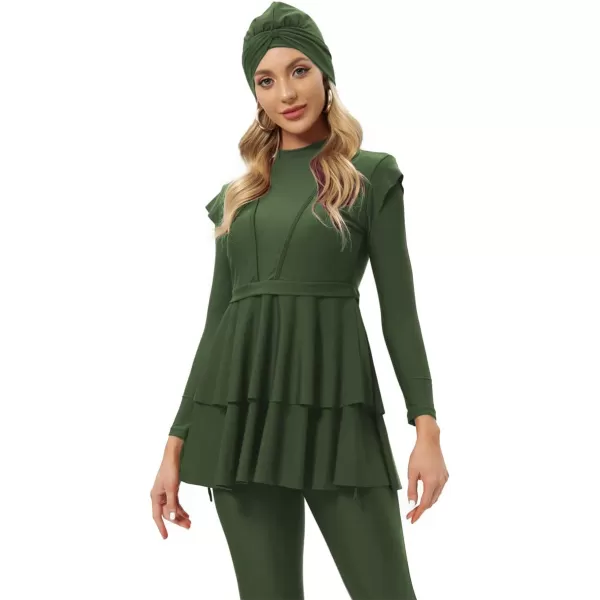 Muslim Swimsuits for Women Modest Islamic Swimwear Burkini Full Cover Hijab Top Pants with Swimming Cap Bathing SuitsGreen