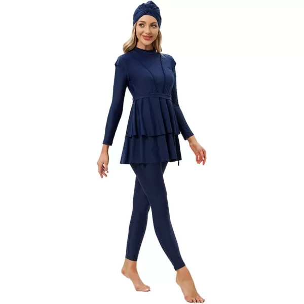 Muslim Swimsuits for Women Modest Islamic Swimwear Burkini Full Cover Hijab Top Pants with Swimming Cap Bathing SuitsNavy Blue