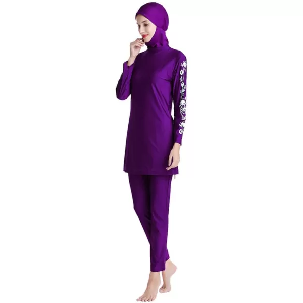 Muslim Swimsuits for Women Modest Islamic Swimwear Burkini Full Cover Hijab Top Pants with Swimming Cap Bathing SuitsPurple  Floral