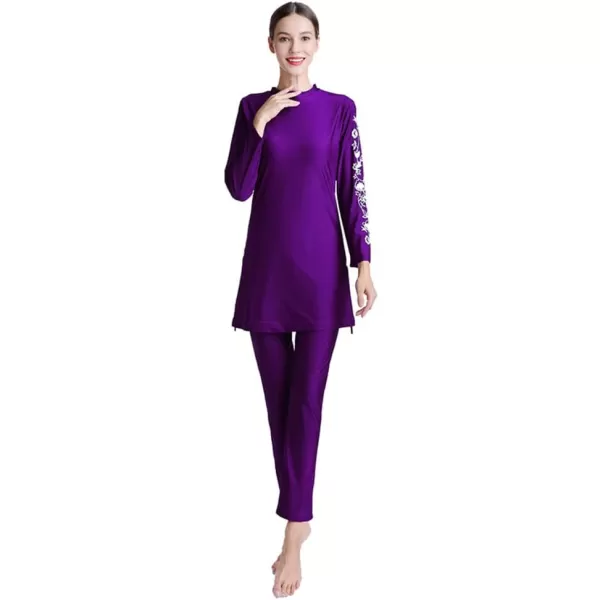 Muslim Swimsuits for Women Modest Islamic Swimwear Burkini Full Cover Hijab Top Pants with Swimming Cap Bathing SuitsPurple  Floral