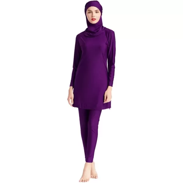 Muslim Swimsuits for Women Modest Islamic Swimwear Burkini Full Cover Hijab Top Pants with Swimming Cap Bathing SuitsPurple  Solid