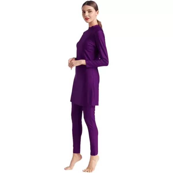 Muslim Swimsuits for Women Modest Islamic Swimwear Burkini Full Cover Hijab Top Pants with Swimming Cap Bathing SuitsPurple  Solid