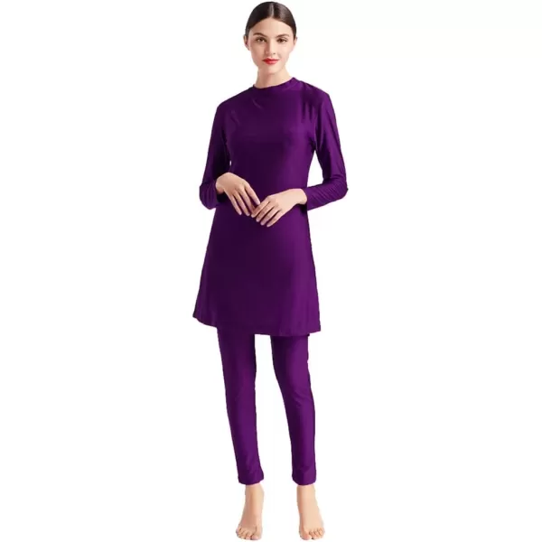 Muslim Swimsuits for Women Modest Islamic Swimwear Burkini Full Cover Hijab Top Pants with Swimming Cap Bathing SuitsPurple  Solid