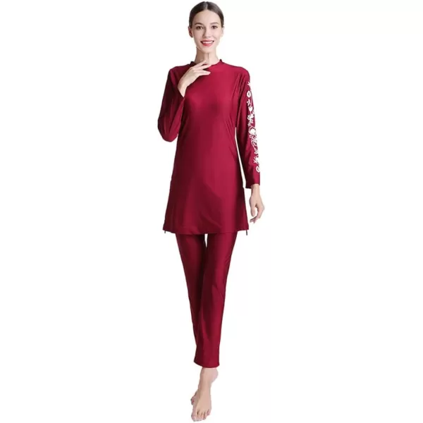 Muslim Swimsuits for Women Modest Islamic Swimwear Burkini Full Cover Hijab Top Pants with Swimming Cap Bathing SuitsRed  Floral