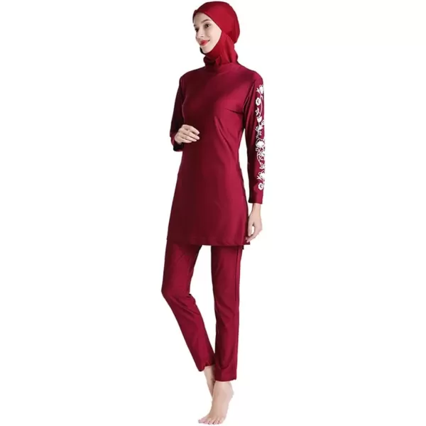 Muslim Swimsuits for Women Modest Islamic Swimwear Burkini Full Cover Hijab Top Pants with Swimming Cap Bathing SuitsRed  Floral