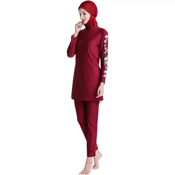 Muslim Swimsuits for Women Modest Islamic Swimwear Burkini Full Cover Hijab Top Pants with Swimming Cap Bathing SuitsRed  Floral