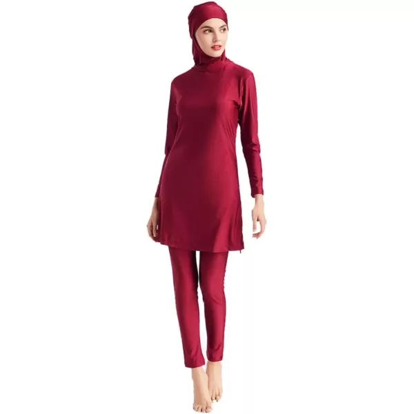 Muslim Swimsuits for Women Modest Islamic Swimwear Burkini Full Cover Hijab Top Pants with Swimming Cap Bathing SuitsRed  Solid