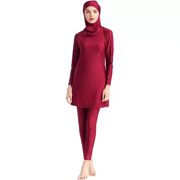 Muslim Swimsuits for Women Modest Islamic Swimwear Burkini Full Cover Hijab Top Pants with Swimming Cap Bathing SuitsRed  Solid