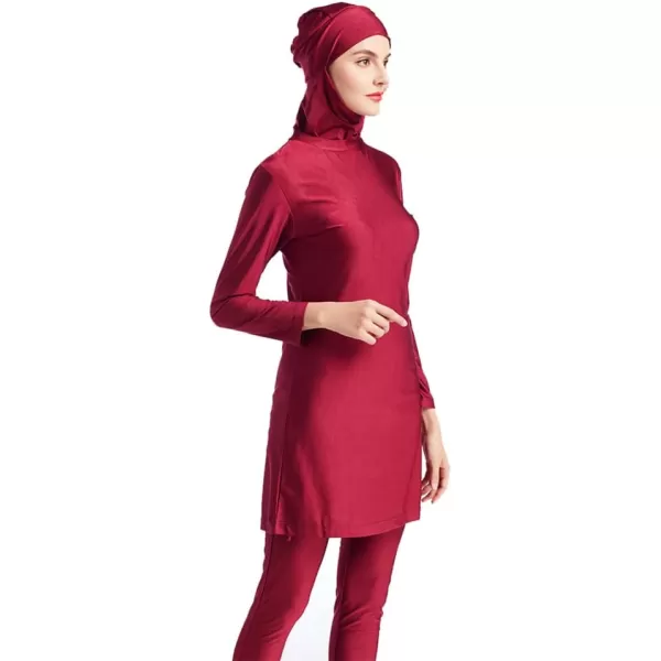 Muslim Swimsuits for Women Modest Islamic Swimwear Burkini Full Cover Hijab Top Pants with Swimming Cap Bathing SuitsRed  Solid