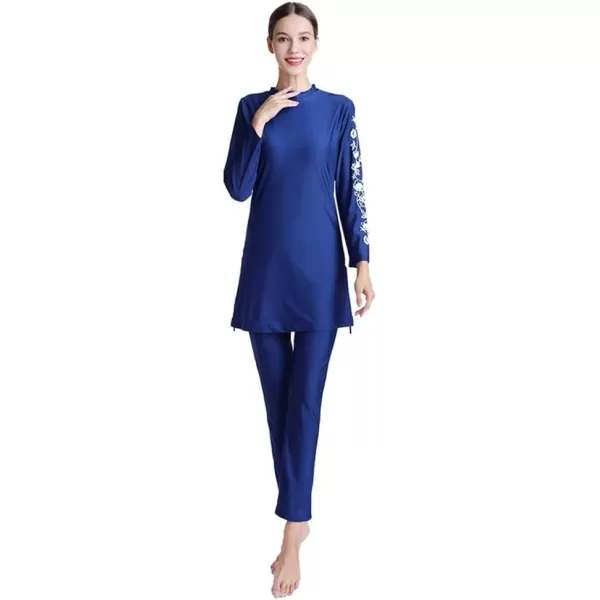 Muslim Swimsuits for Women Modest Islamic Swimwear Burkini Full Cover Hijab Top Pants with Swimming Cap Bathing SuitsRoyal Blue  Floral