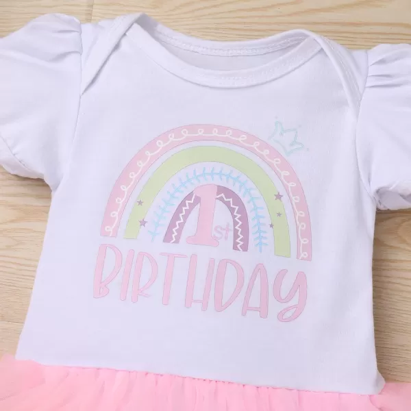 My 12 1st 2nd Birthday Outfit Girl Baby Romper Tutu DressShiny Crown Headband Cake Smash Dress Clothes 2PCS Skirt SetPink  Rainbow 1st Birthday