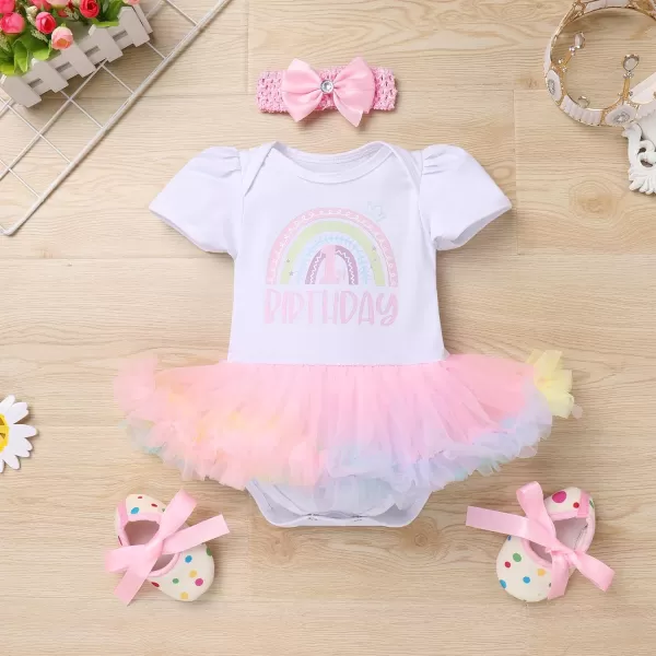 My 12 1st 2nd Birthday Outfit Girl Baby Romper Tutu DressShiny Crown Headband Cake Smash Dress Clothes 2PCS Skirt SetPink  Rainbow 1st Birthday