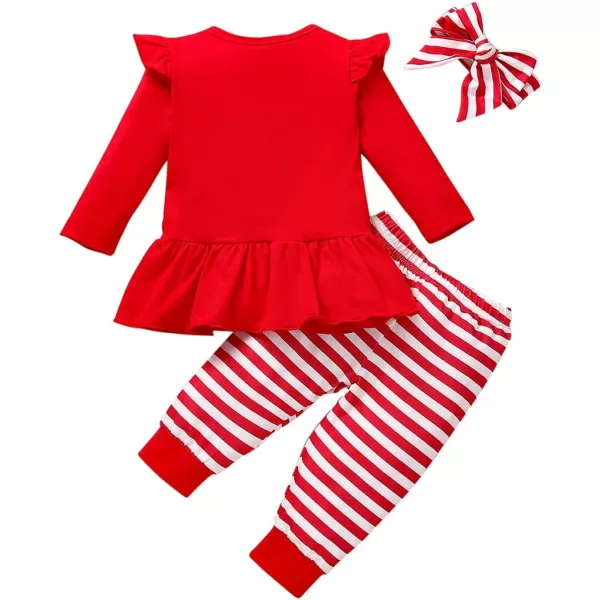 My First Christmas Baby Girl Outfits Long Sleeve Ruffled Toddler Dress Shirt Deer Print Top Plaid Strip Pant SetRed Strip