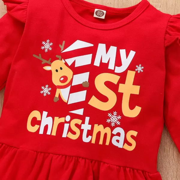 My First Christmas Baby Girl Outfits Long Sleeve Ruffled Toddler Dress Shirt Deer Print Top Plaid Strip Pant SetRed Strip