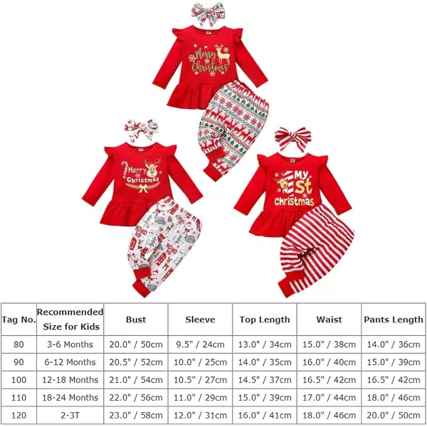 My First Christmas Baby Girl Outfits Long Sleeve Ruffled Toddler Dress Shirt Deer Print Top Plaid Strip Pant SetRed Strip