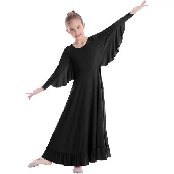 OwlFay Girls Angle Wings Priase Dance Dress Kids Ruffle Liturgical Lyrical Dancewear Long Sleeve Worship Dance Dress CostumeBlack