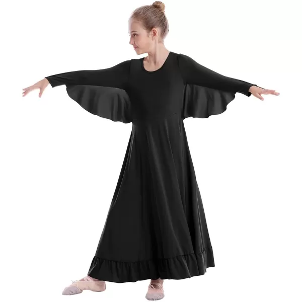 OwlFay Girls Angle Wings Priase Dance Dress Kids Ruffle Liturgical Lyrical Dancewear Long Sleeve Worship Dance Dress CostumeBlack