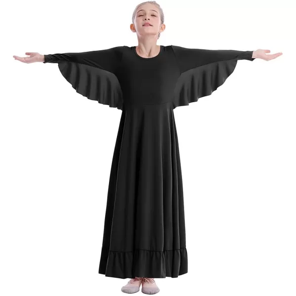 OwlFay Girls Angle Wings Priase Dance Dress Kids Ruffle Liturgical Lyrical Dancewear Long Sleeve Worship Dance Dress CostumeBlack