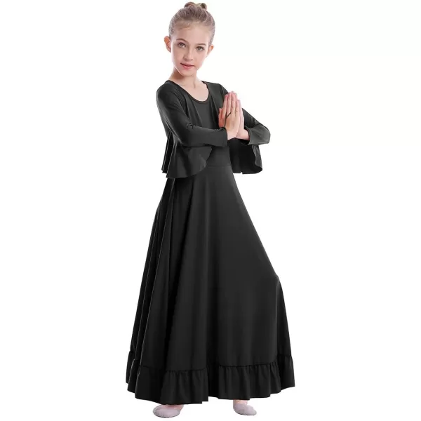 OwlFay Girls Angle Wings Priase Dance Dress Kids Ruffle Liturgical Lyrical Dancewear Long Sleeve Worship Dance Dress CostumeBlack