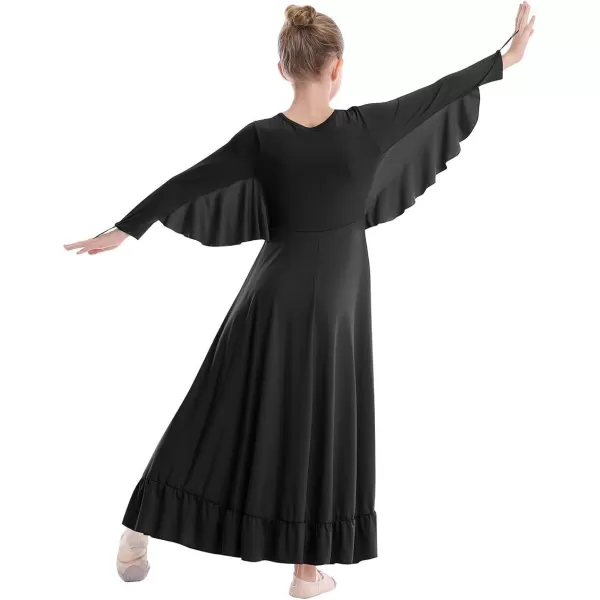 OwlFay Girls Angle Wings Priase Dance Dress Kids Ruffle Liturgical Lyrical Dancewear Long Sleeve Worship Dance Dress CostumeBlack