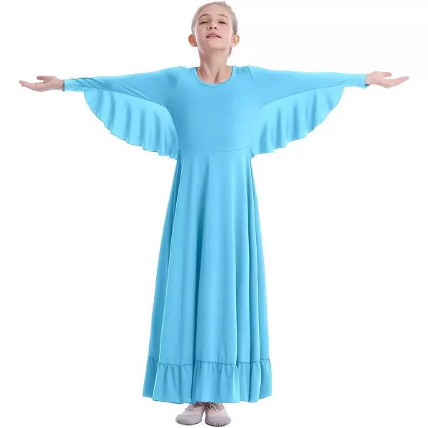 OwlFay Girls Angle Wings Priase Dance Dress Kids Ruffle Liturgical Lyrical Dancewear Long Sleeve Worship Dance Dress CostumeBlue