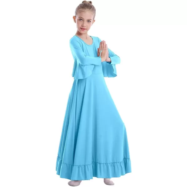 OwlFay Girls Angle Wings Priase Dance Dress Kids Ruffle Liturgical Lyrical Dancewear Long Sleeve Worship Dance Dress CostumeBlue