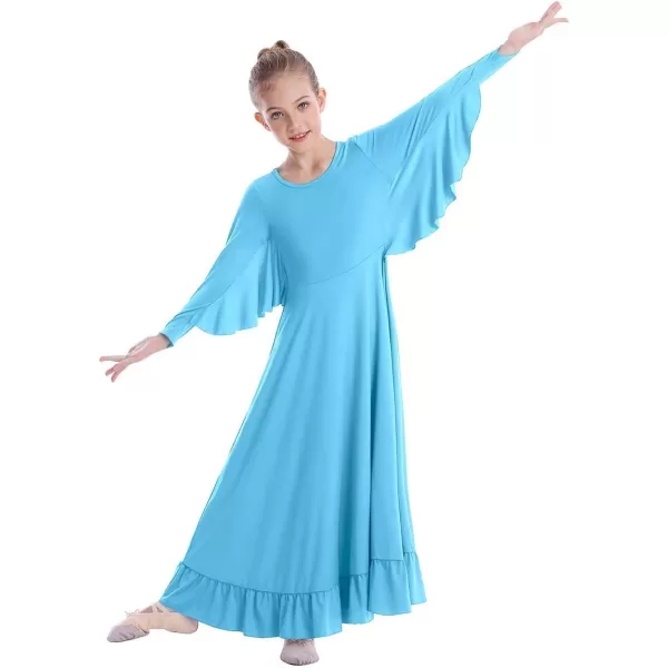 OwlFay Girls Angle Wings Priase Dance Dress Kids Ruffle Liturgical Lyrical Dancewear Long Sleeve Worship Dance Dress CostumeBlue