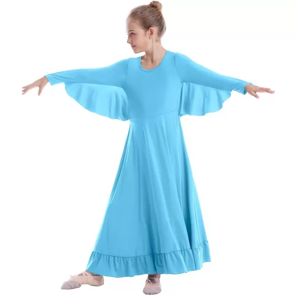 OwlFay Girls Angle Wings Priase Dance Dress Kids Ruffle Liturgical Lyrical Dancewear Long Sleeve Worship Dance Dress CostumeBlue