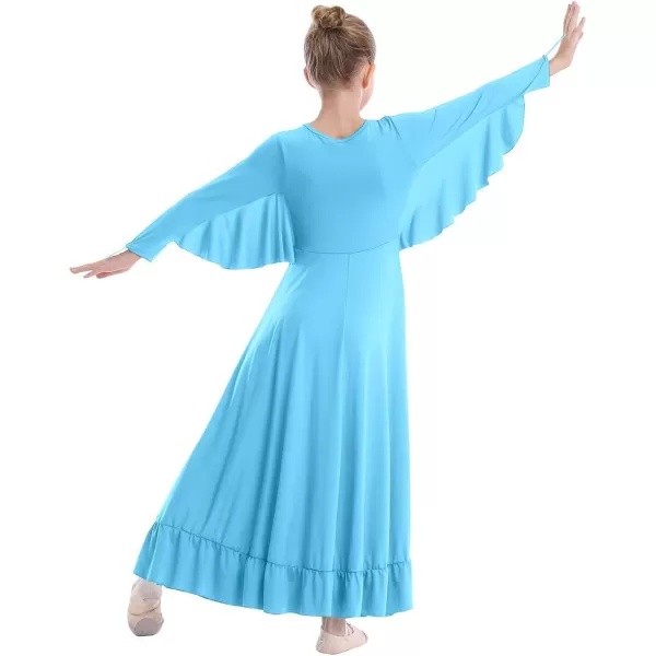 OwlFay Girls Angle Wings Priase Dance Dress Kids Ruffle Liturgical Lyrical Dancewear Long Sleeve Worship Dance Dress CostumeBlue