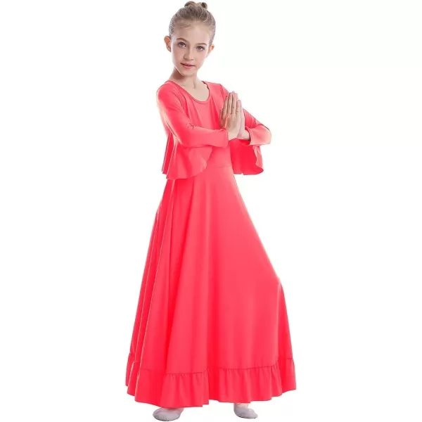 OwlFay Girls Angle Wings Priase Dance Dress Kids Ruffle Liturgical Lyrical Dancewear Long Sleeve Worship Dance Dress CostumeFluorescent Orange